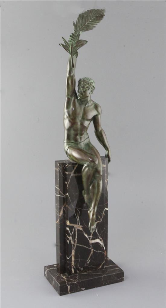 Pierre La Faguays. An Art Deco green patinated spelter figure, La Gloire, 24in.
